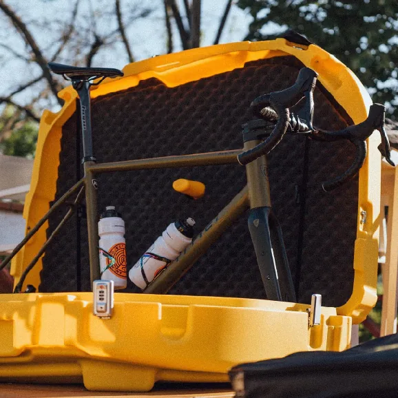 Shokbox Premium Bike Case Being unpacked in a sunny destination