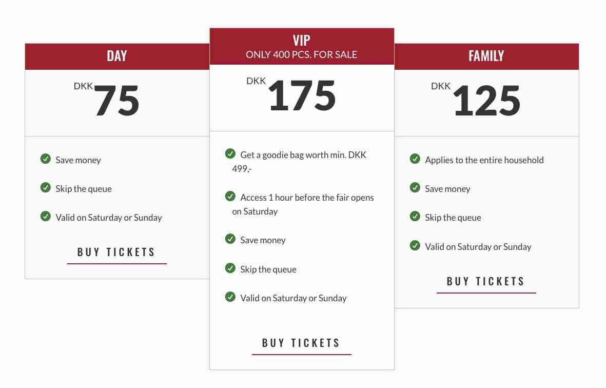 screenshot of the Copenhagen bike show ticket prices