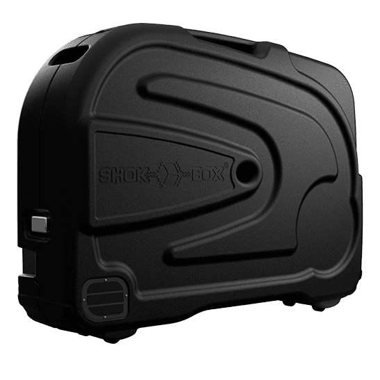 Black Shokbox® Classic hard-shell bike travel case viewed from the front