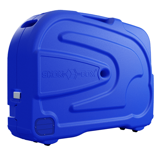 Blue Shokbox® Classic hard-shell bike travel case viewed from the front
