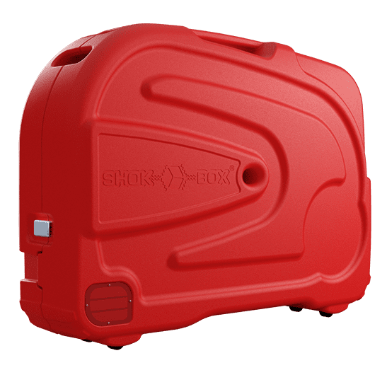 Red Shokbox® Classic hard-shell bike travel case viewed from the front