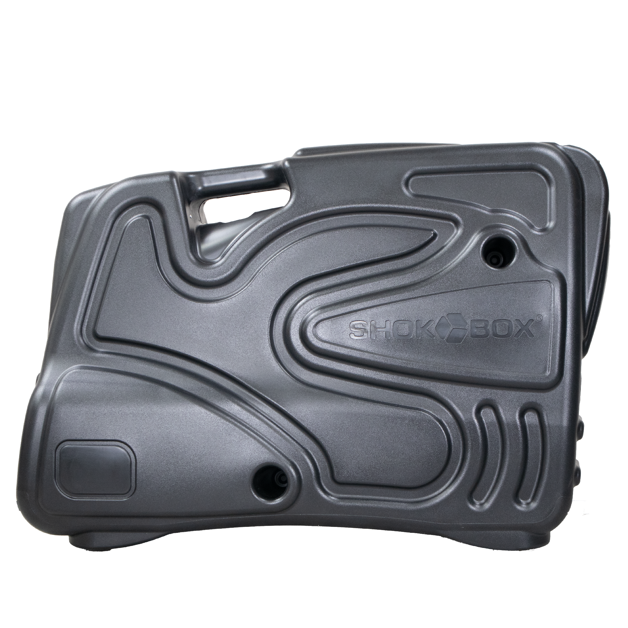 Black Shokbox® Pro hard-shell bike travel case viewed from the front