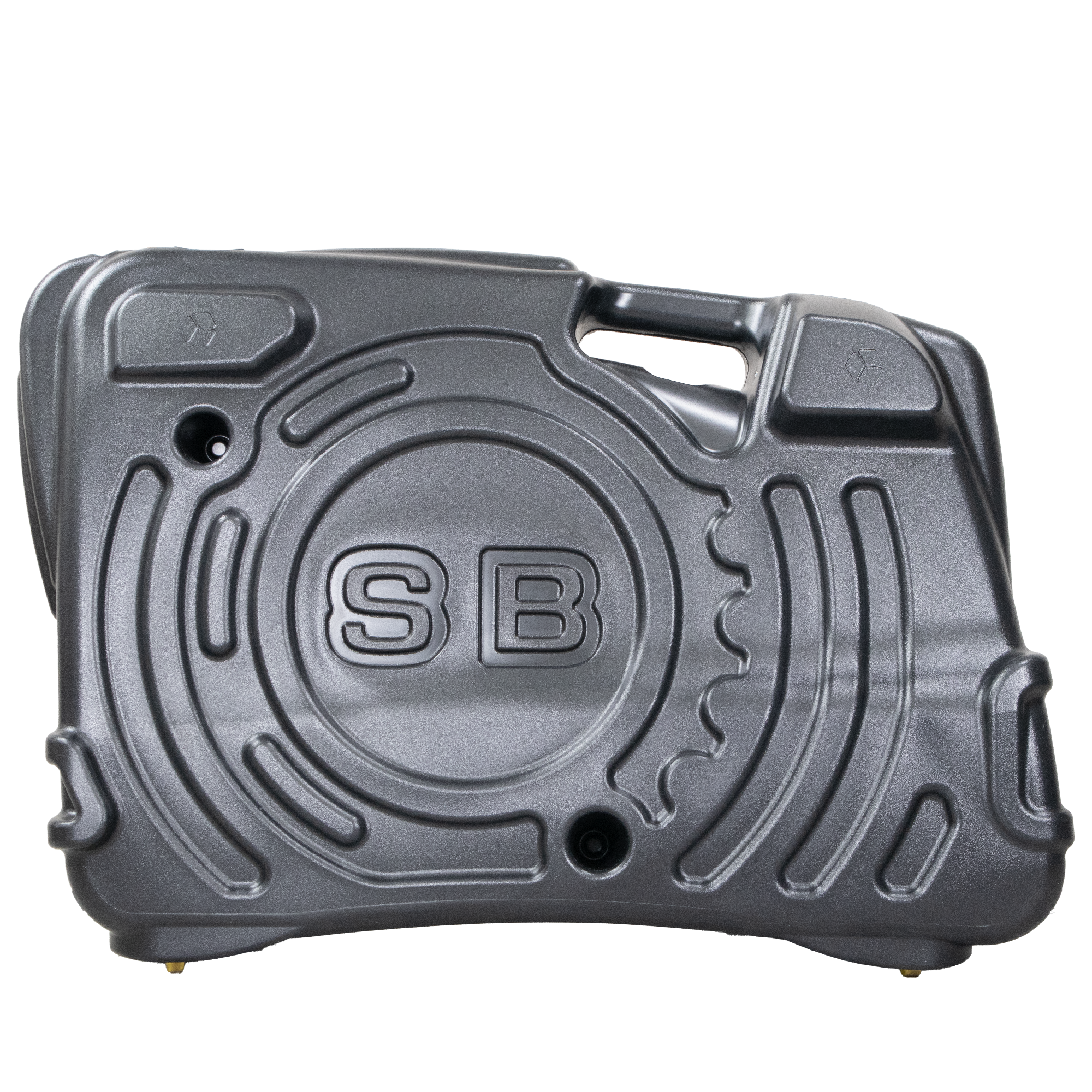 Rear view of the black Shokbox® Pro hard-shell bike travel case