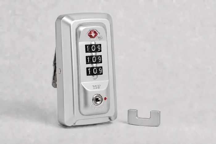 Silver TSA combination latch and catch for a Shokbox bike travel case