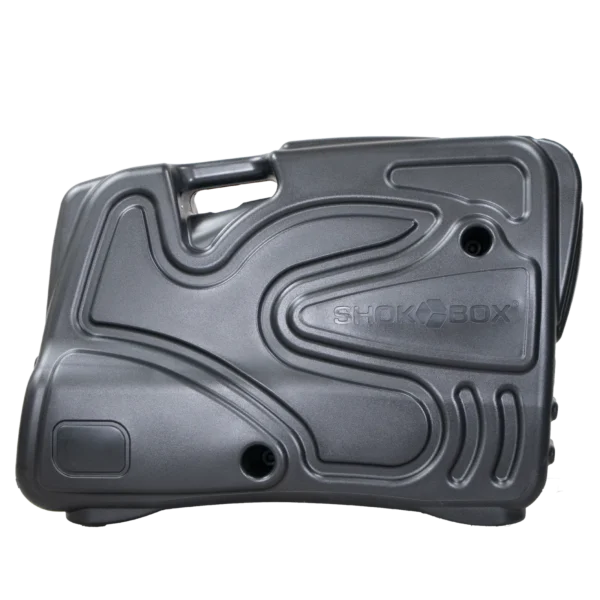 Black Shokbox® Pro hard-shell bike travel case viewed from the front