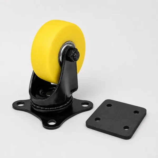 Yellow Shokbox swivel castor wheel with black rubber damper plate